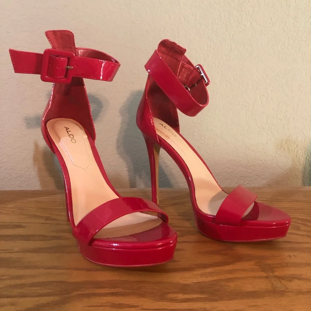Aldo Red Patent Platform Ankle-Strap Stilettos